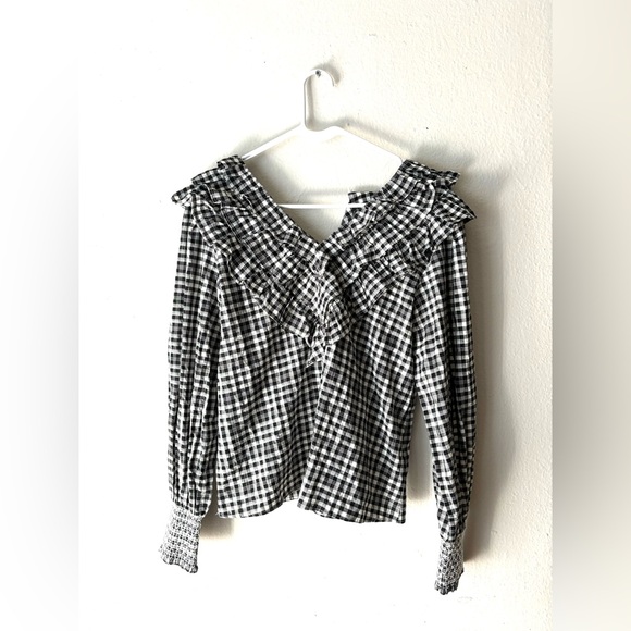 English Factory Gingham Plaid Print Ruffled V-Neck Women's Top M Black - Picture 7 of 9